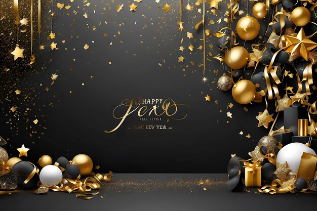 happy new year background with golden stars and ribbons black gradient background