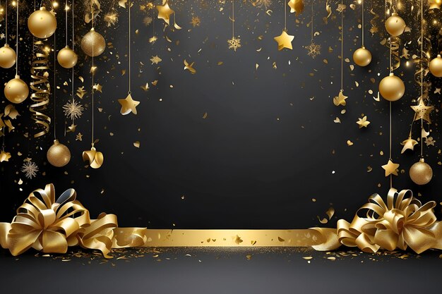 happy new year background with golden stars and ribbons black gradient background