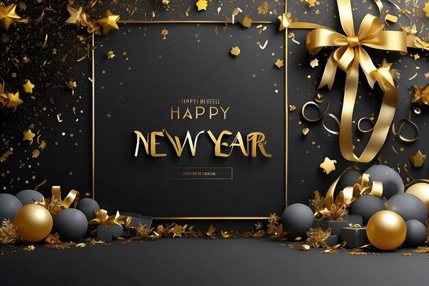 happy new year background with golden stars and ribbons black gradient background