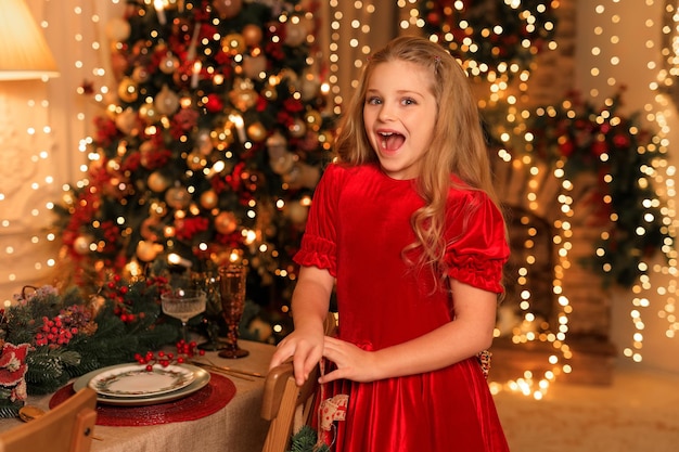 Happy New Year! beautiful girl near the Christmas table