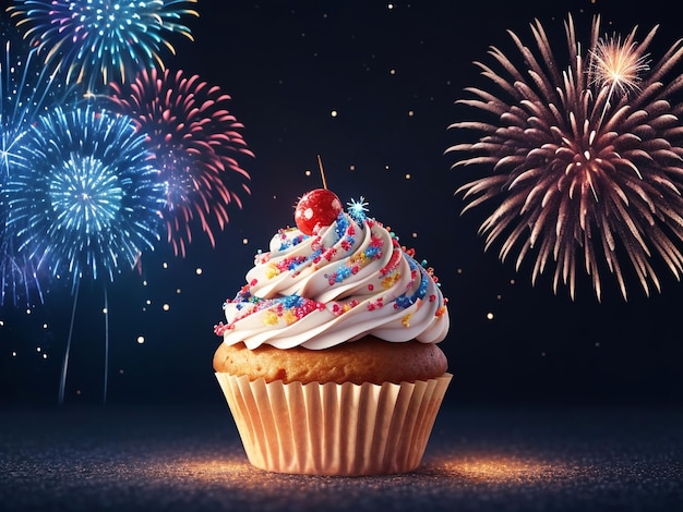 Happy new year celebration with delicious cupcake and firework