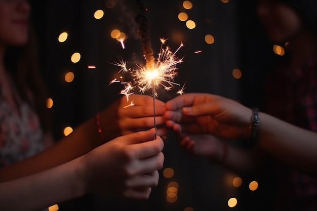 Happy New Year Friends celebrating with burning sparklers in hands against Christmas tree lights