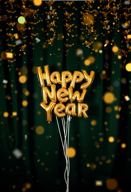 Photo happy new year golden balloons with confetti on green background