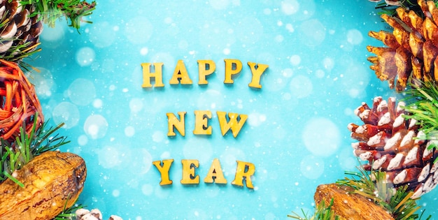 Happy New Year greeting card Flat lay top view