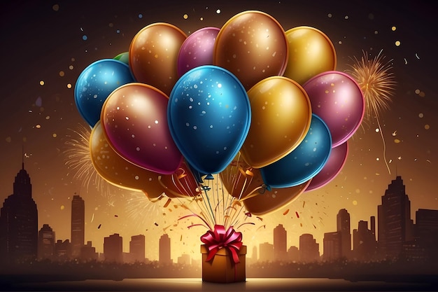 happy new year greeting with balloons and fireworks