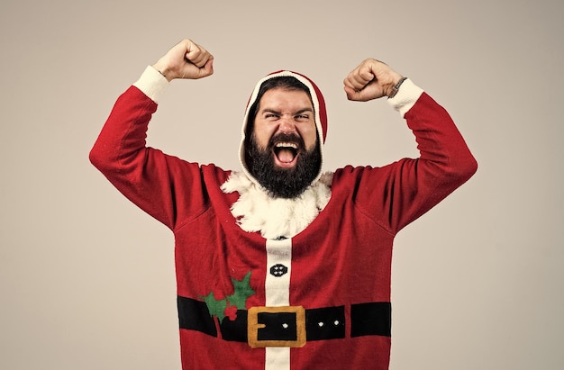 Happy new year merry christmas seasonal xmas sales bearded mature man wear red santa claus costume ready for celebration prepare for winter holidays party fun