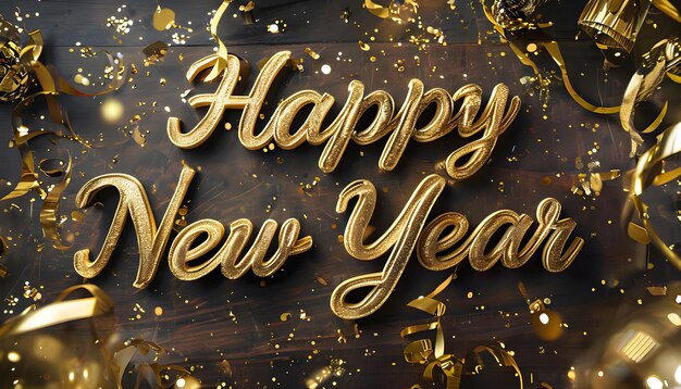 Photo happy new year text in gold against dark background with confetti festive greeting banner