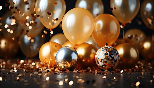 Photo happy new year wallpaper background with golden balloons and ball christmas decoration wedding