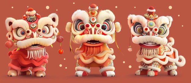 Photo happy new year with a lion dance character on red background