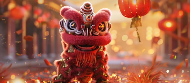 Photo happy new year with a lion dance character on red background