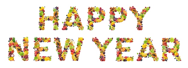 Happy new year written with fresh food ingredients