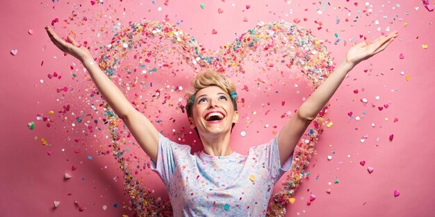 Photo happy nonbinary person celebrating with heart shaped confetti against pink background