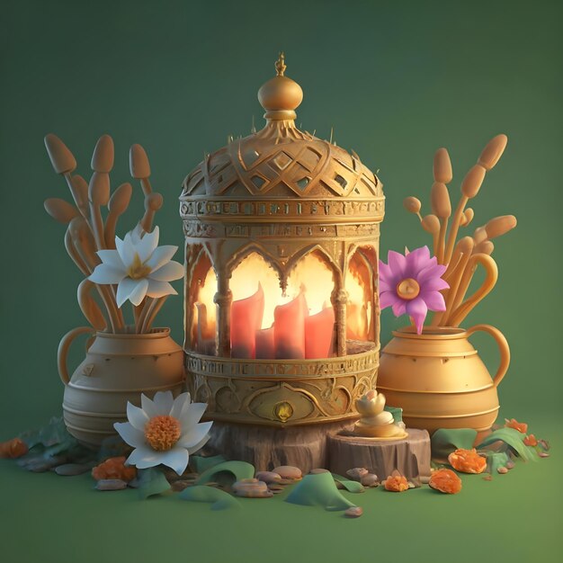 Happy nowruz day A gold lantern with flowers and plants