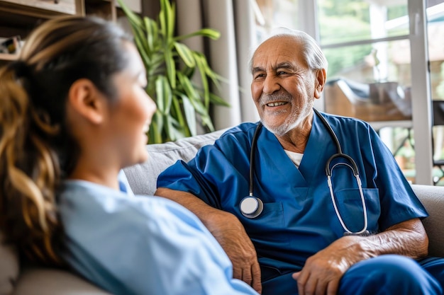 Happy nurse taking care of senior man sitting in armchair at home