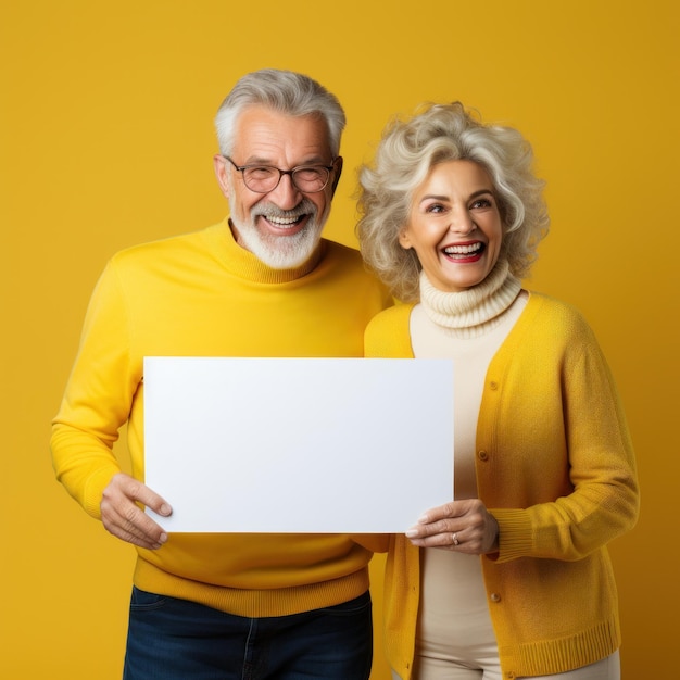 Happy old couple on yellow background