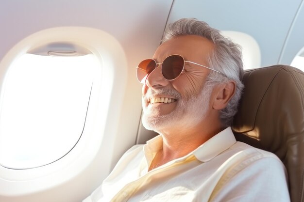 Happy old lady goes on summer vacation by plane sitting next to window looking down on landscape