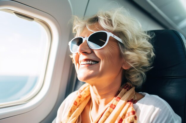 Photo happy old lady goes on summer vacation by plane sitting next to window looking down on landscape