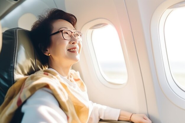 Happy old lady goes on summer vacation by plane sitting next to window looking down on landscape