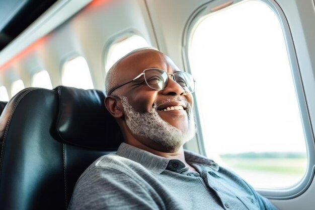 Happy old man goes on summer vacation by plane sitting next to window looking out down on landscape