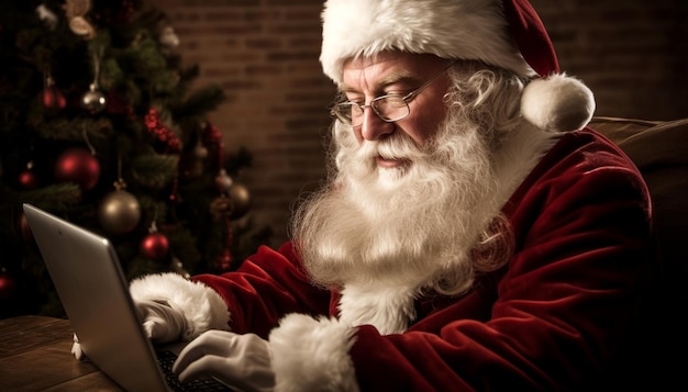 Happy old santa claus wearing hat using laptop computer sitting at workshop home table late on merry