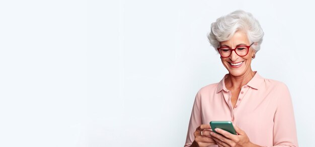 Happy old senior woman using mobile phone smiling using smartphone cellphone Banner background