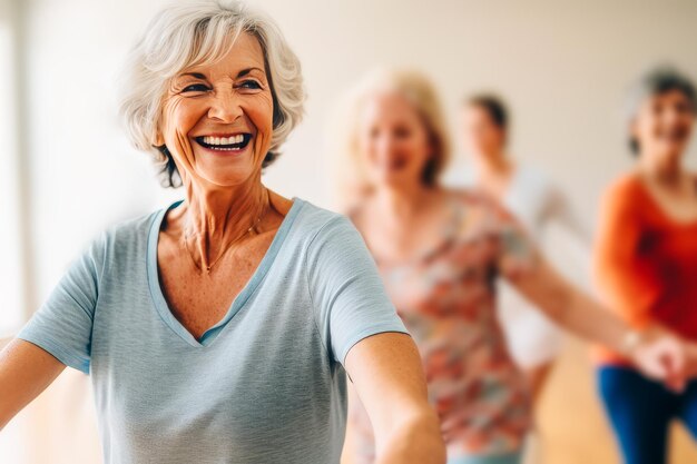 Happy old smiling retired pretty woman dancing with other women in studio