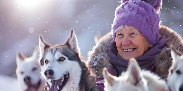 Photo happy old woman sledding in a sled of dogs centered copy space selective focus concept old woman happiness sled dogs winter fun active lifestyle