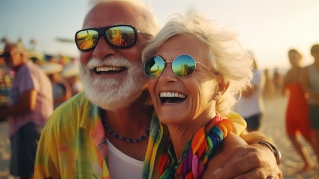 Happy an older couple dancing on the beach at sunset Health care Family outdoor lifestyle A romantic evening on vacation Anniversary date of an age couple in love AI generated image