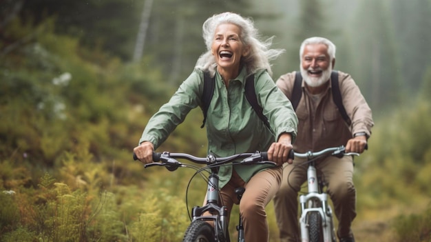 Happy older couple explores nature by bike Generative AI