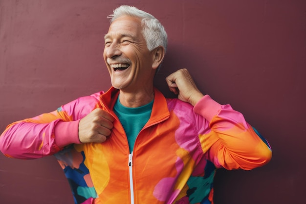 A happy older man doing stretching exercise outdoors Generative ai