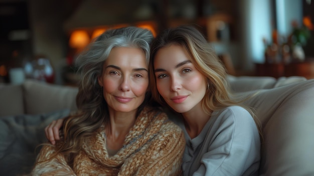 Happy older mature mother and young woman hugging enjoying time at home together