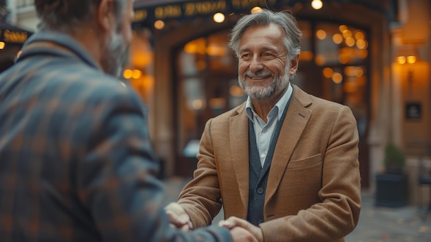 Photo happy older middle aged senior businessman leader shaking hand of new male partner client or customer making sales deal at team executive board meeting in conference room business handshake concept