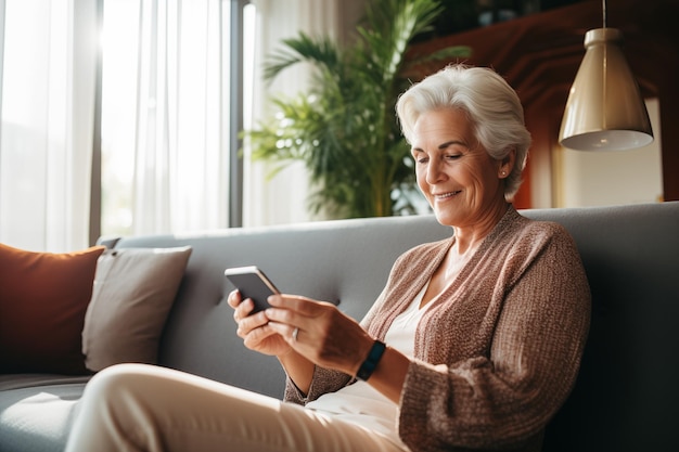 Happy older woman with white grey hair using mobile phone sitting on sofa at home Concept of technology and older people