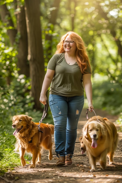 happy overweight woman with red hair and glasses walking three dogs in the park