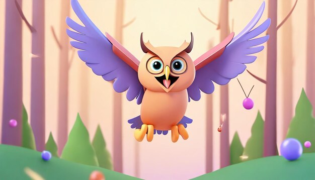 Photo a happy owl flying through the forest