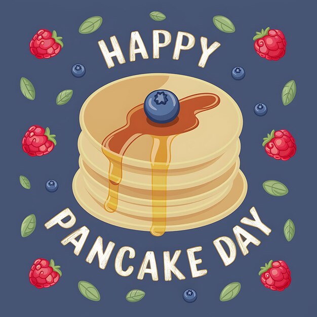 Photo happy pancake day celebration with scattered berries and small green leaves