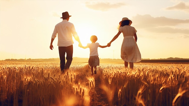 Happy parent and child walking at sunset