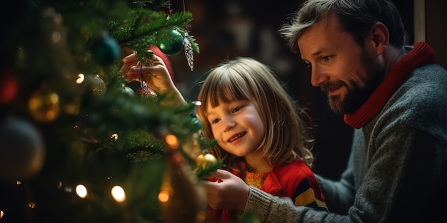 Happy parents decorating the family Christmas tree with their daughter Generative AI