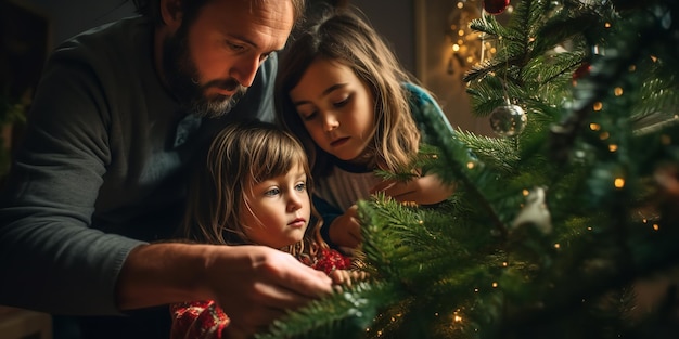 Happy parents decorating the family Christmas tree with their daughter Generative AI