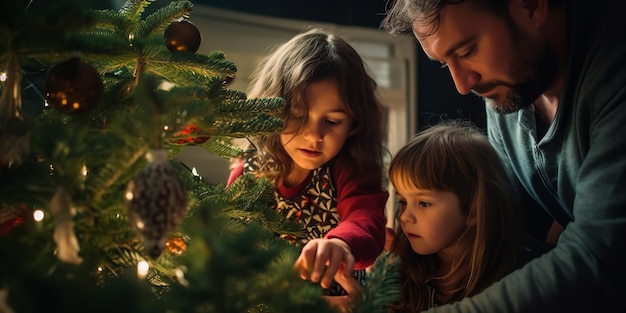 Happy parents decorating the family Christmas tree with their daughter Generative AI