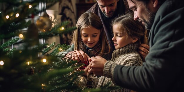 Happy parents decorating the family Christmas tree with their daughter Generative AI