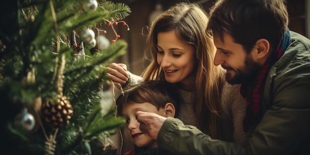 Happy parents decorating the family Christmas tree with their daughter Generative AI