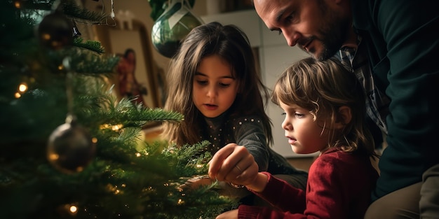 Happy parents decorating the family Christmas tree with their daughter Generative AI