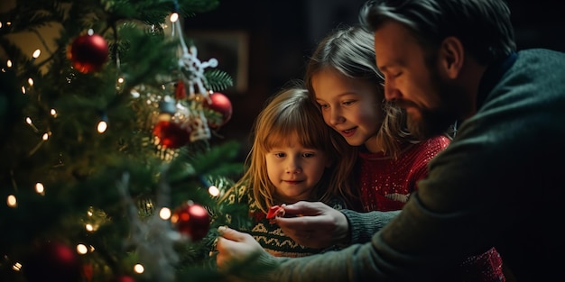 Happy parents decorating the family Christmas tree with their daughter Generative AI