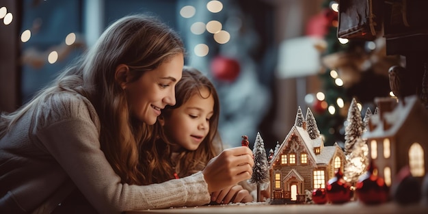 Happy parents decorating the family Christmas tree with their daughter Generative AI