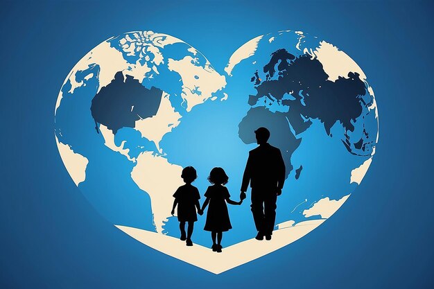 Happy Parents Global Day June 21st illustration with heartshaped map and parents silhouette and children on blue background design