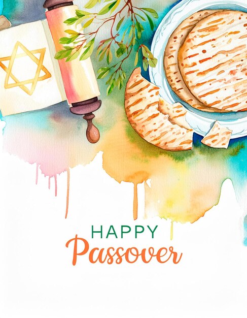 Photo happy passover card illustration in watercolor style jewish passover festival matzah traditional