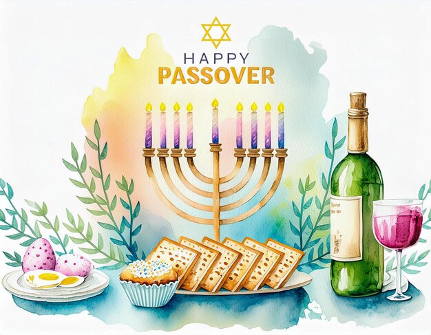 Photo happy passover card for the jewish holiday traditional foods flowers wine and candlestick