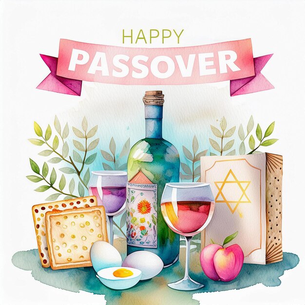 Photo happy passover illustration in watercolor style traditional treats for the jewish passover holiday