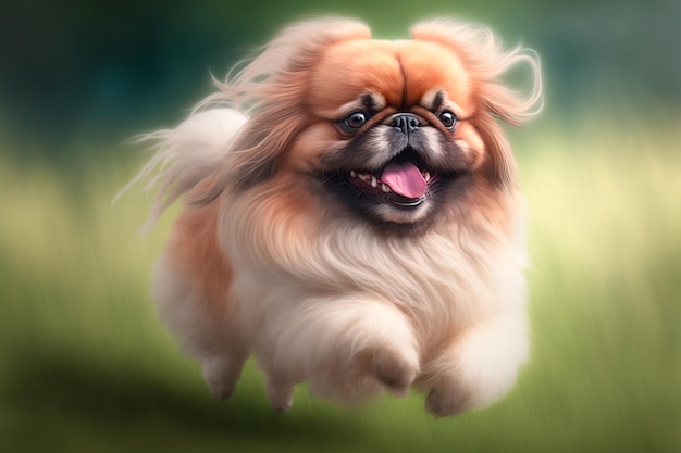 Happy Pekingese runs on green grass Generative AI